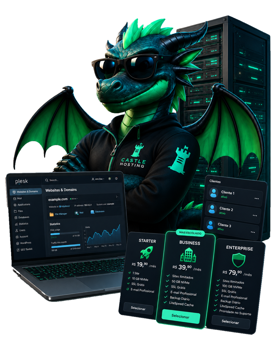 Mascote Castle Hosting apresentando revenda de hospedagem com Plesk, clientes e servidores